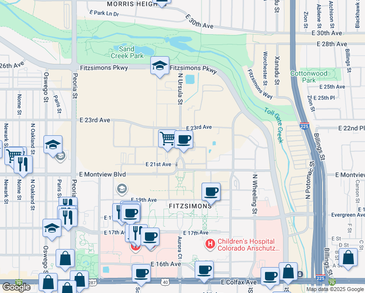 map of restaurants, bars, coffee shops, grocery stores, and more near 2100 North Ursula Street in Aurora
