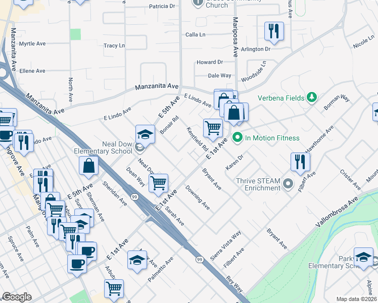 map of restaurants, bars, coffee shops, grocery stores, and more near 39 Veneto Circle in Chico