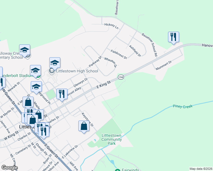 map of restaurants, bars, coffee shops, grocery stores, and more near 565 East King Street in Littlestown