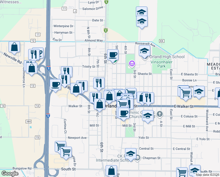 map of restaurants, bars, coffee shops, grocery stores, and more near 2 Walker Street in Orland