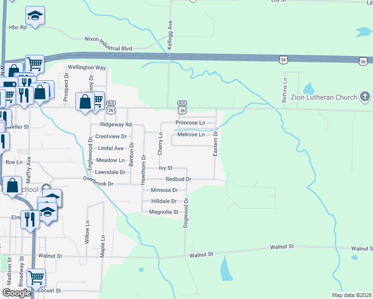 map of restaurants, bars, coffee shops, grocery stores, and more near 1404 Melrose Lane in Macon