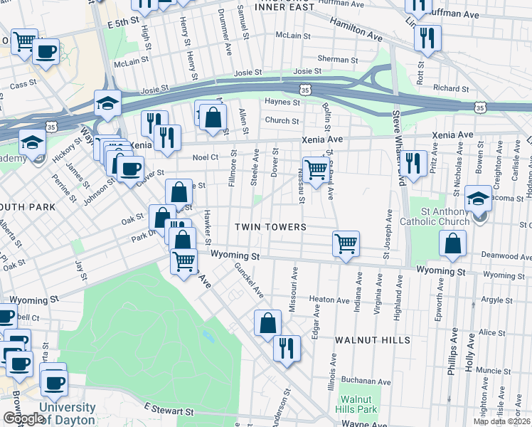 map of restaurants, bars, coffee shops, grocery stores, and more near 112 Dover Street in Dayton
