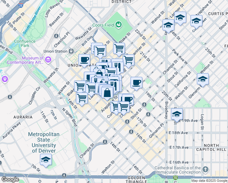 map of restaurants, bars, coffee shops, grocery stores, and more near 1125 17th Street in Denver