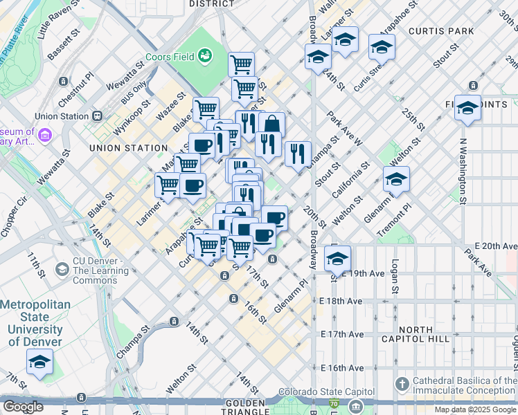 map of restaurants, bars, coffee shops, grocery stores, and more near in Denver