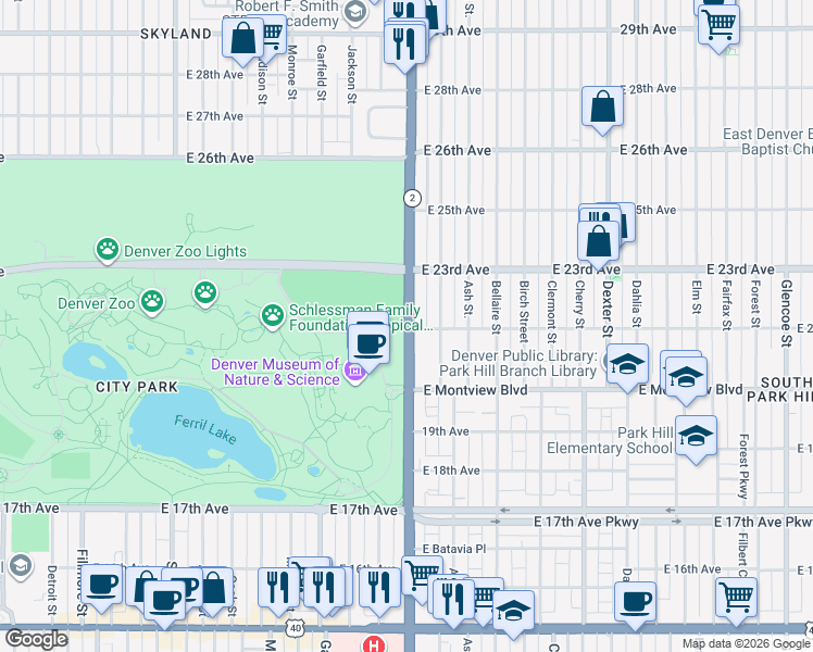 map of restaurants, bars, coffee shops, grocery stores, and more near 2201 Highway 2 in Denver