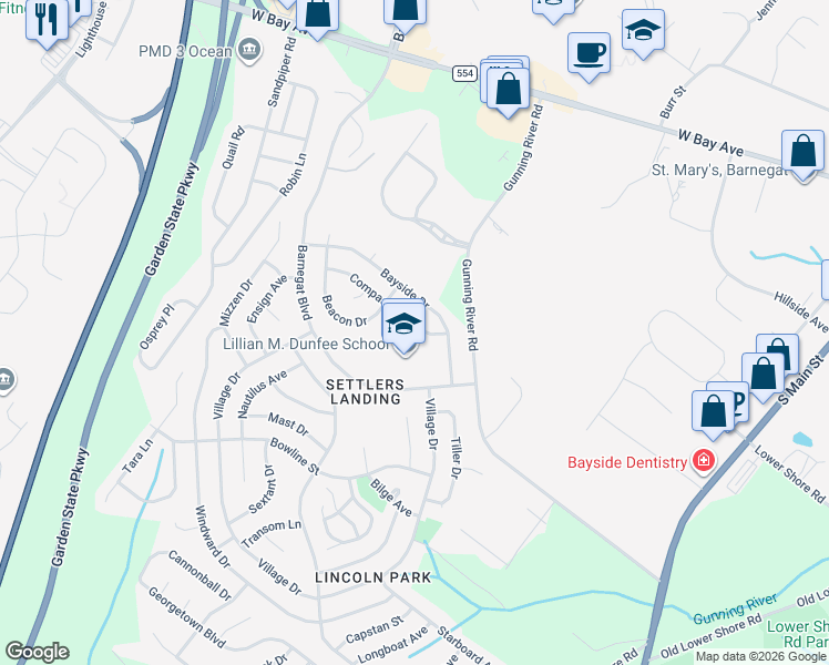 map of restaurants, bars, coffee shops, grocery stores, and more near 32 Compass Lane in Barnegat Township