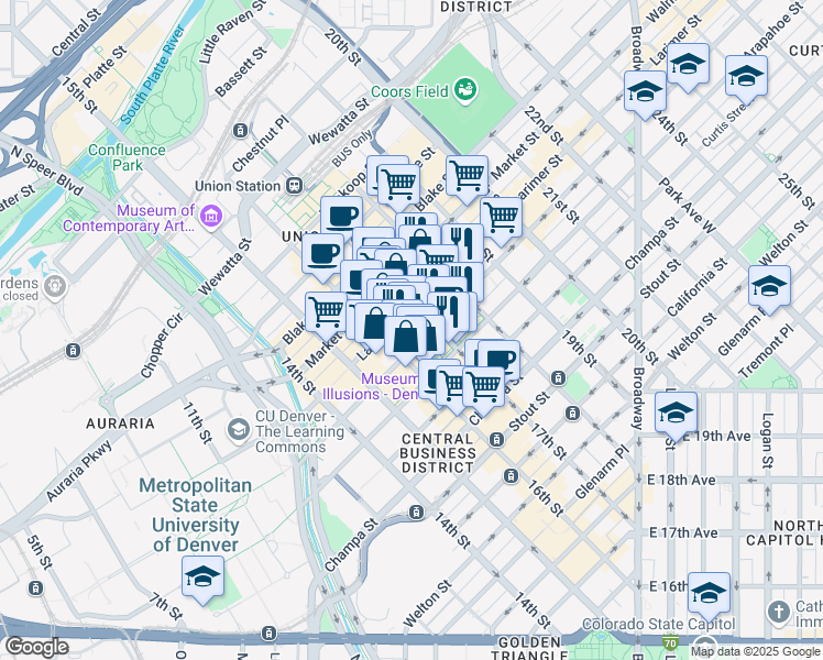 map of restaurants, bars, coffee shops, grocery stores, and more near 1225 17th Street in Denver