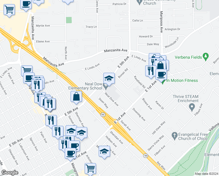 map of restaurants, bars, coffee shops, grocery stores, and more near 1420 Neal Dow Avenue in Chico