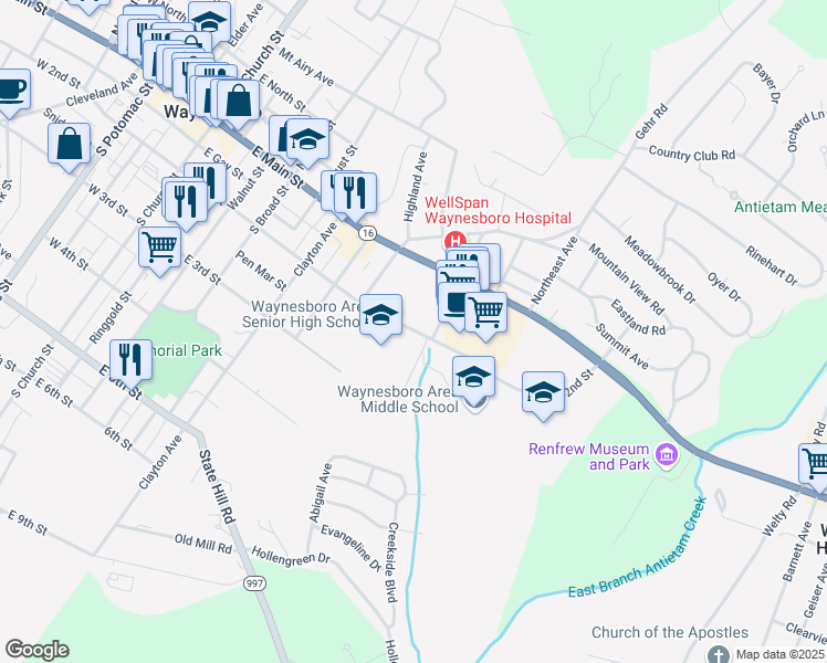 map of restaurants, bars, coffee shops, grocery stores, and more near 550 East 2nd Street in Waynesboro