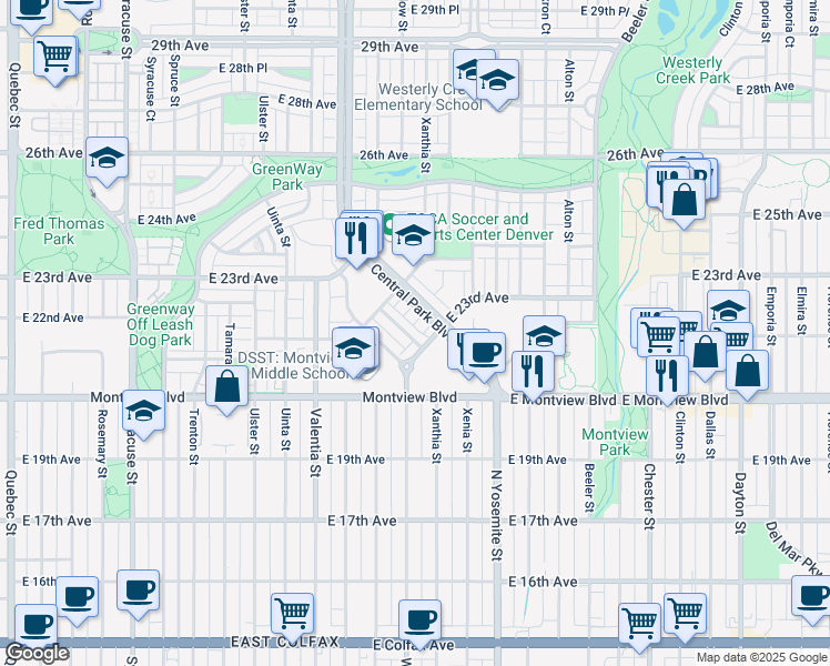map of restaurants, bars, coffee shops, grocery stores, and more near 2177 Central Park Boulevard in Denver
