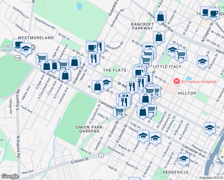 map of restaurants, bars, coffee shops, grocery stores, and more near 2200 West 4th Street in Wilmington