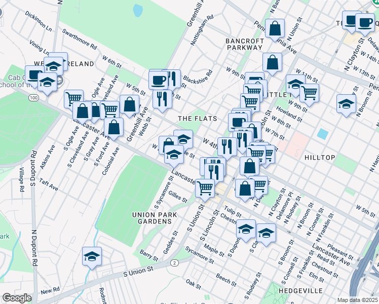 map of restaurants, bars, coffee shops, grocery stores, and more near 2203 Pyle Street in Wilmington