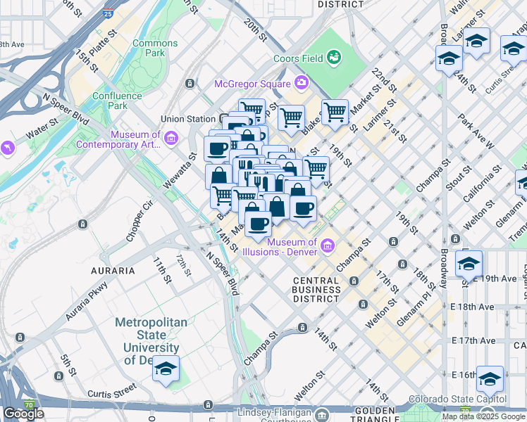 map of restaurants, bars, coffee shops, grocery stores, and more near 1550 Market Street in Denver