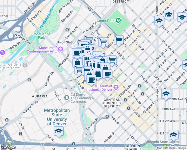 map of restaurants, bars, coffee shops, grocery stores, and more near 1625 Market Street in Denver