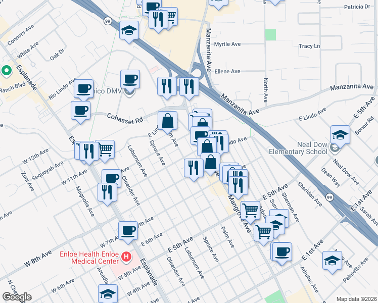 map of restaurants, bars, coffee shops, grocery stores, and more near 568 East 9th Avenue in Chico