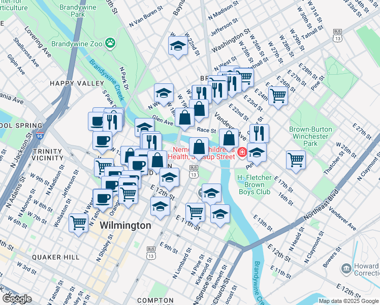 map of restaurants, bars, coffee shops, grocery stores, and more near 2415 North French Street in Wilmington