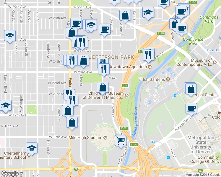map of restaurants, bars, coffee shops, grocery stores, and more near 2639 West Front View Crescent Drive in Denver