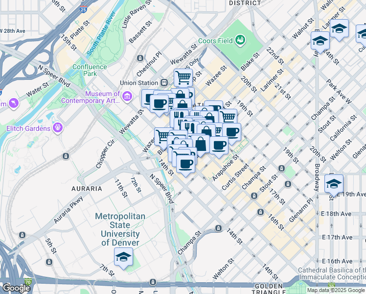 map of restaurants, bars, coffee shops, grocery stores, and more near 1625 Market Street in Denver