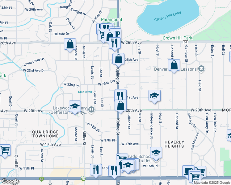 map of restaurants, bars, coffee shops, grocery stores, and more near 2200 Kipling Street in Lakewood