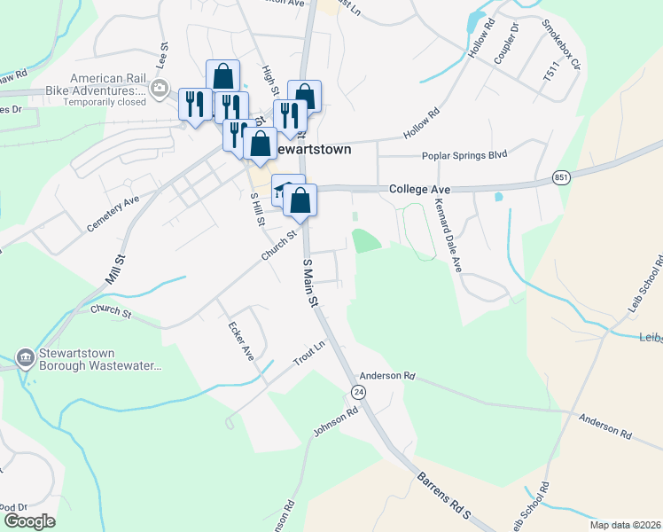 map of restaurants, bars, coffee shops, grocery stores, and more near 50 Kings Way in Stewartstown