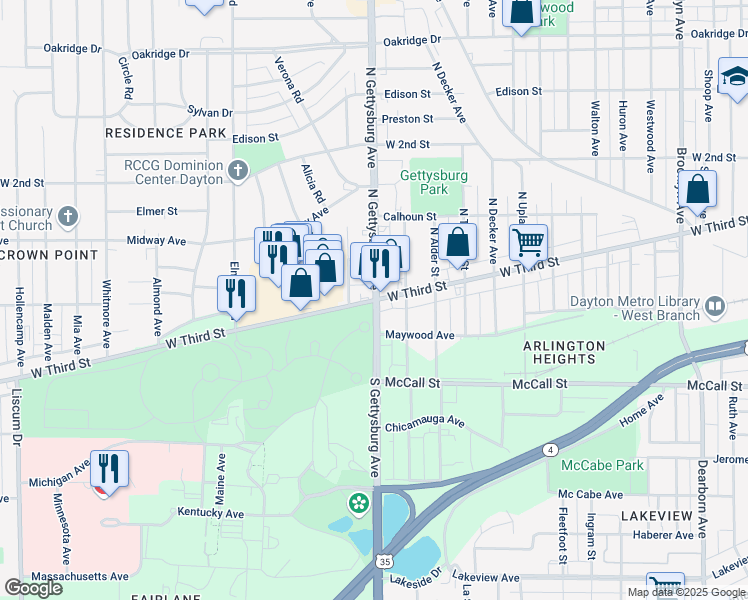 map of restaurants, bars, coffee shops, grocery stores, and more near 4100 West 3rd Street in Dayton