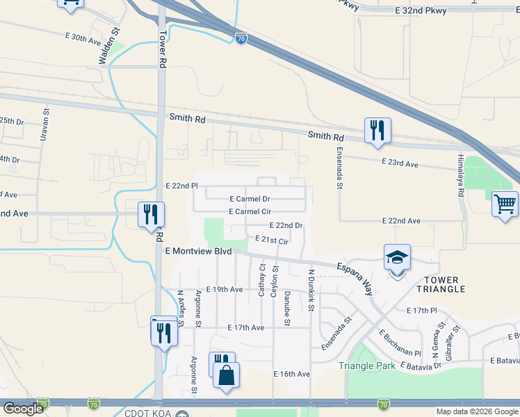 map of restaurants, bars, coffee shops, grocery stores, and more near 19057 East Carmel Drive in Aurora