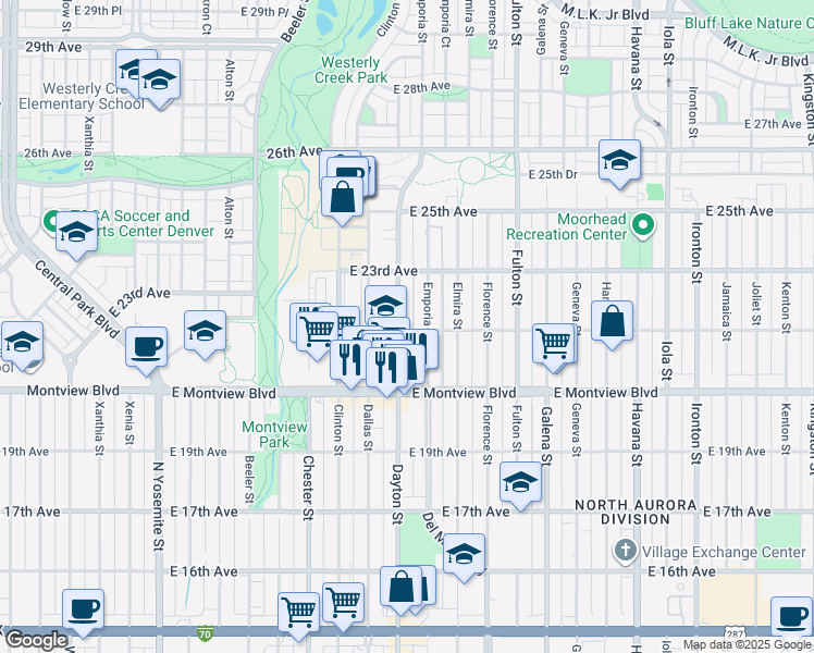 map of restaurants, bars, coffee shops, grocery stores, and more near 2201 Dayton Street in Aurora