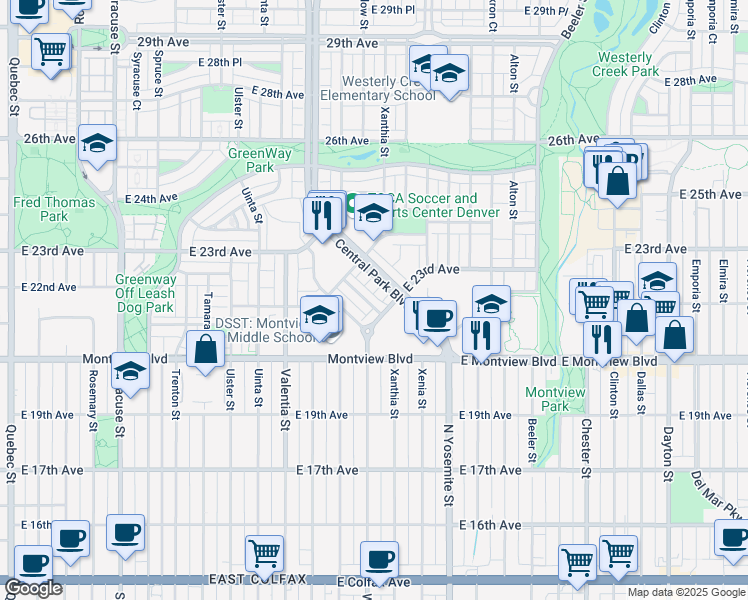 map of restaurants, bars, coffee shops, grocery stores, and more near 2177 Central Park Boulevard in Denver