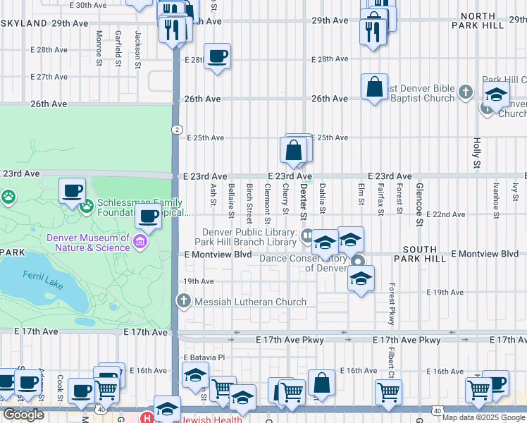 map of restaurants, bars, coffee shops, grocery stores, and more near 2241 Clermont Street in Denver