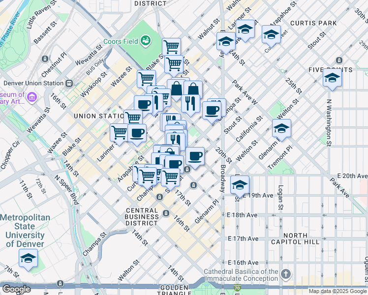 map of restaurants, bars, coffee shops, grocery stores, and more near in Denver