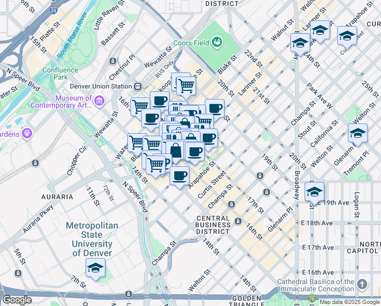 map of restaurants, bars, coffee shops, grocery stores, and more near 1645 Larimer Street in Denver