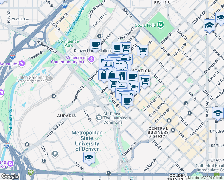 map of restaurants, bars, coffee shops, grocery stores, and more near 1450 Wazee Street in Denver