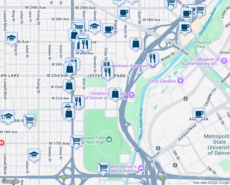 map of restaurants, bars, coffee shops, grocery stores, and more near 2639 West Front View Crescent Drive in Denver