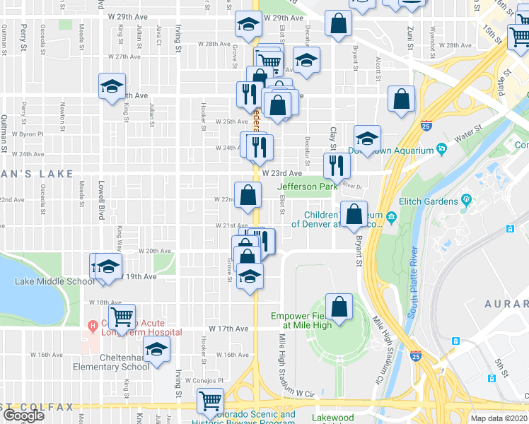 map of restaurants, bars, coffee shops, grocery stores, and more near 2151 Eliot Street in Denver