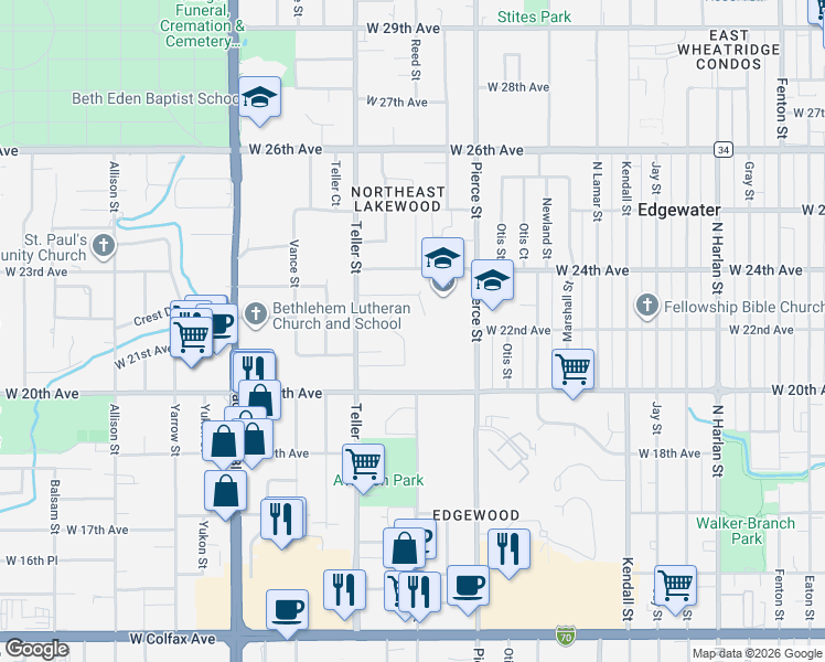 map of restaurants, bars, coffee shops, grocery stores, and more near 2222 Reed Drive in Denver