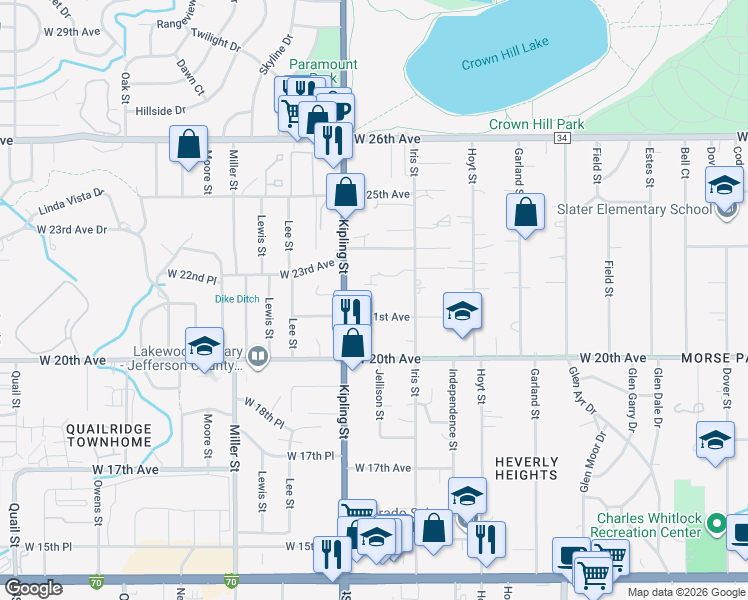 map of restaurants, bars, coffee shops, grocery stores, and more near 9786 West 22nd Place in Lakewood