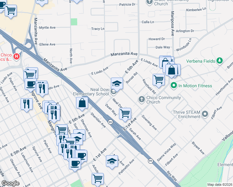 map of restaurants, bars, coffee shops, grocery stores, and more near 1 Pinecrest Circle in Chico