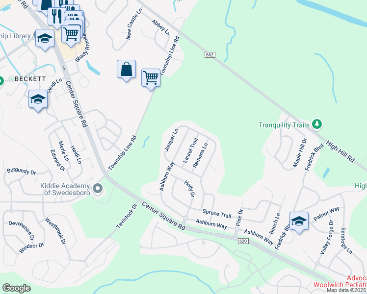 map of restaurants, bars, coffee shops, grocery stores, and more near 971 Ashburn Way in Woolwich Township