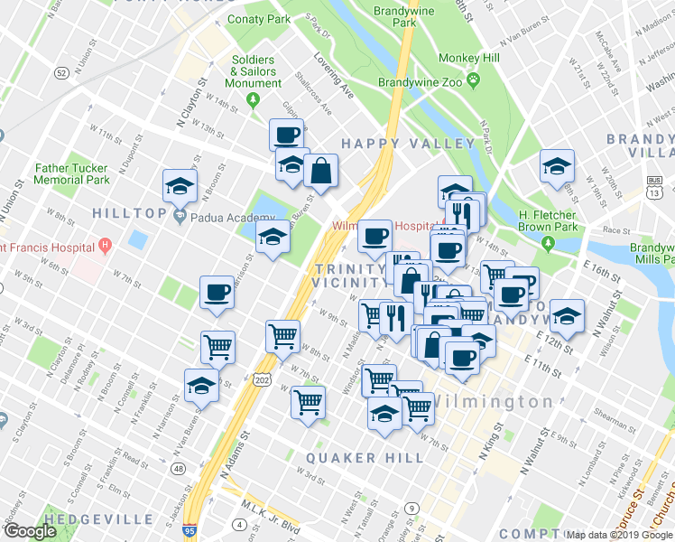 map of restaurants, bars, coffee shops, grocery stores, and more near 1104 North Adams Street in Wilmington
