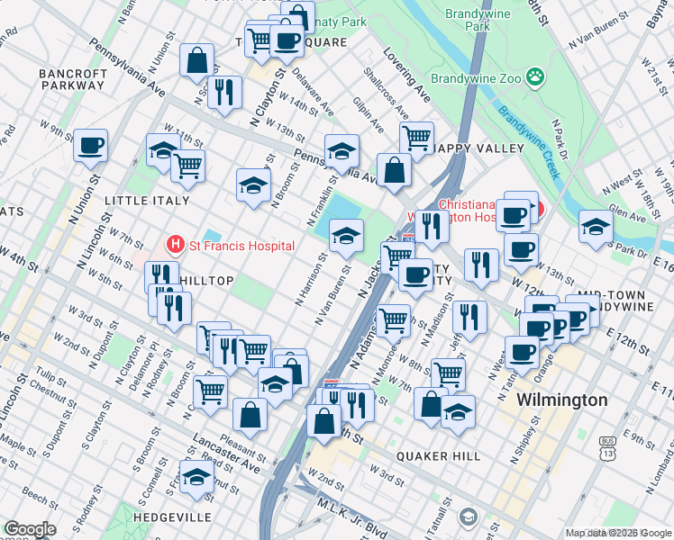 map of restaurants, bars, coffee shops, grocery stores, and more near 1106 West 10th Street in Wilmington