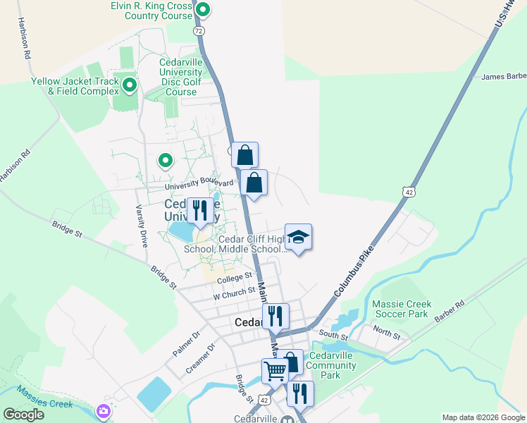map of restaurants, bars, coffee shops, grocery stores, and more near 325 College Hill Drive in Cedarville