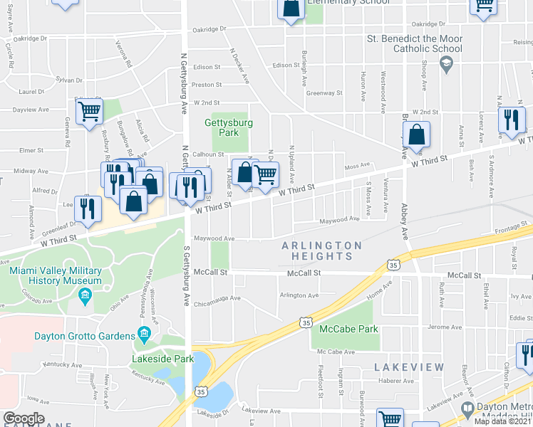 map of restaurants, bars, coffee shops, grocery stores, and more near 3724 West Third Street in Dayton