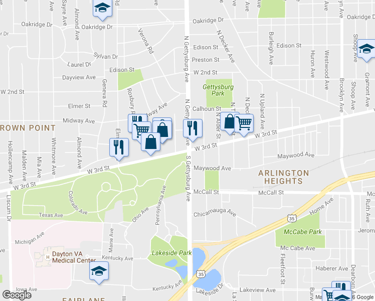 map of restaurants, bars, coffee shops, grocery stores, and more near 27 North Gettysburg Avenue in Dayton