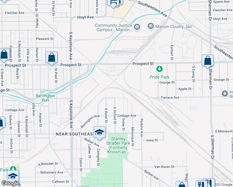 map of restaurants, bars, coffee shops, grocery stores, and more near 1215 South Oxford Street in Indianapolis