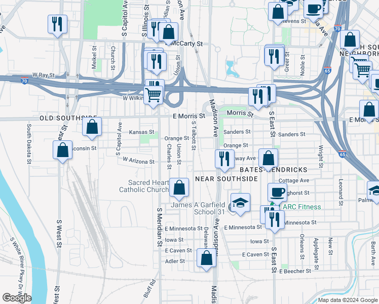 map of restaurants, bars, coffee shops, grocery stores, and more near 51 Orange Street in Indianapolis