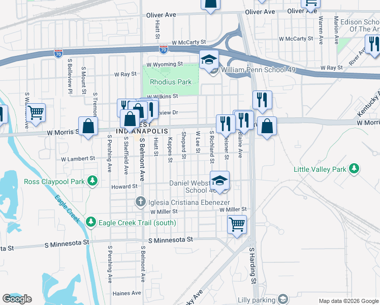 map of restaurants, bars, coffee shops, grocery stores, and more near 1231 Shepard Street in Indianapolis