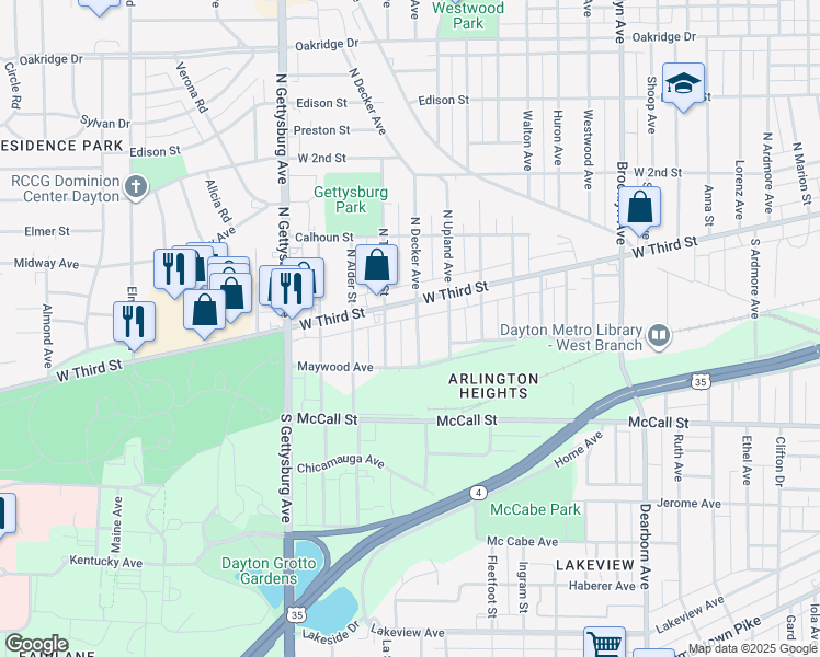 map of restaurants, bars, coffee shops, grocery stores, and more near 29 South Decker Avenue in Dayton