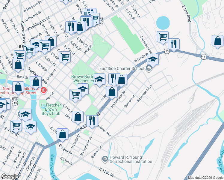 map of restaurants, bars, coffee shops, grocery stores, and more near 2512 North Heald Street in Wilmington