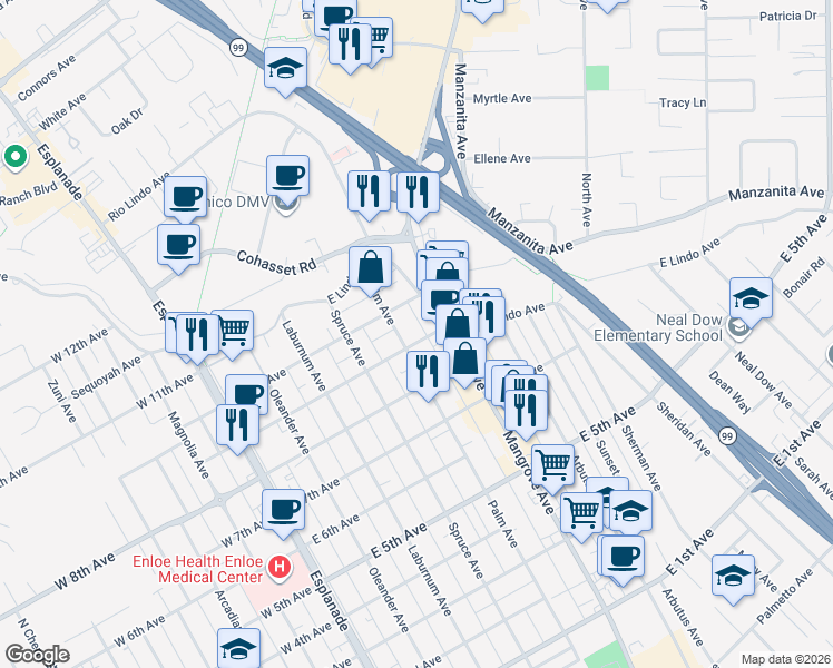 map of restaurants, bars, coffee shops, grocery stores, and more near 568 East 9th Avenue in Chico