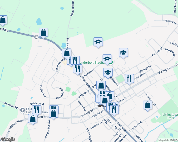 map of restaurants, bars, coffee shops, grocery stores, and more near 112 Newark Street in Littlestown